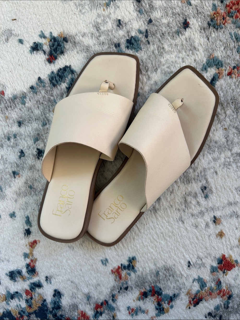 Franco Sarto Leather Cream Toe-Loop Slide Sandals